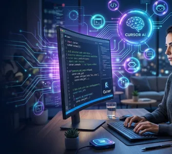 Cursor ai : image ou photo d'un développeur assis devant un ordinateur, avec une interface de code moderne à l’écran. Autour de lui, de petites bulles lumineuses représentent l’intelligence artificielle, l’aide au codage, la correction d’erreurs et la génération de code.