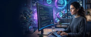 Cursor ai : image ou photo d'un développeur assis devant un ordinateur, avec une interface de code moderne à l’écran. Autour de lui, de petites bulles lumineuses représentent l’intelligence artificielle, l’aide au codage, la correction d’erreurs et la génération de code.