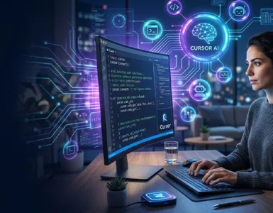 Cursor ai : image ou photo d'un développeur assis devant un ordinateur, avec une interface de code moderne à l’écran. Autour de lui, de petites bulles lumineuses représentent l’intelligence artificielle, l’aide au codage, la correction d’erreurs et la génération de code.