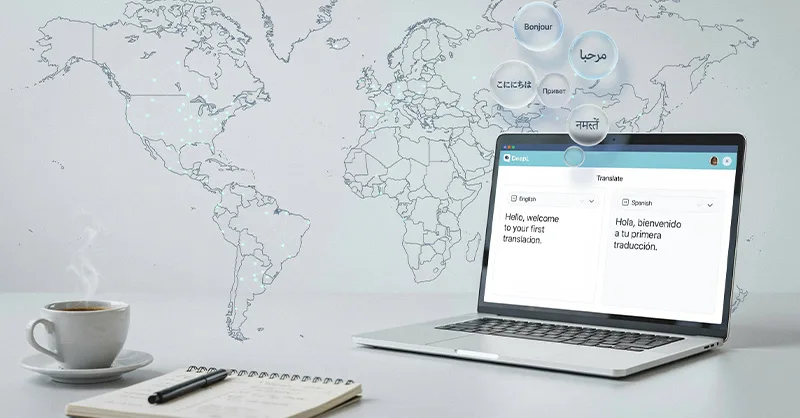 DeepL : image ou photo affichant un ordinateur portable montrant une interface de traduction.