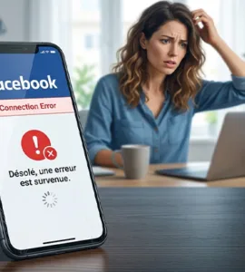 Facebook mobile : image ou photo d'un téléphone tenu dans une main, avec l’application Facebook affichée mais bloquée sur un écran blanc ou avec un message d’erreur.
