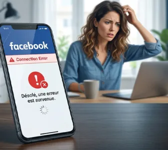 Facebook mobile : image ou photo d'un téléphone tenu dans une main, avec l’application Facebook affichée mais bloquée sur un écran blanc ou avec un message d’erreur.