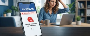 Facebook mobile : image ou photo d'un téléphone tenu dans une main, avec l’application Facebook affichée mais bloquée sur un écran blanc ou avec un message d’erreur.