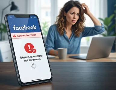 Facebook mobile : image ou photo d'un téléphone tenu dans une main, avec l’application Facebook affichée mais bloquée sur un écran blanc ou avec un message d’erreur.