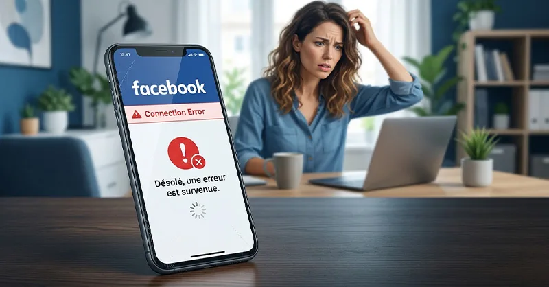 Facebook mobile : image ou photo d'un téléphone tenu dans une main, avec l’application Facebook affichée mais bloquée sur un écran blanc ou avec un message d’erreur.