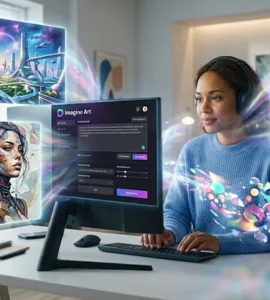 Imagine Art : image ou photo d'une personne devant un ordinateur, avec une interface d’intelligence artificielle ouverte. De l’écran sortent plusieurs images créatives : un paysage futuriste, un portrait artistique, une ville imaginaire et des formes colorées.