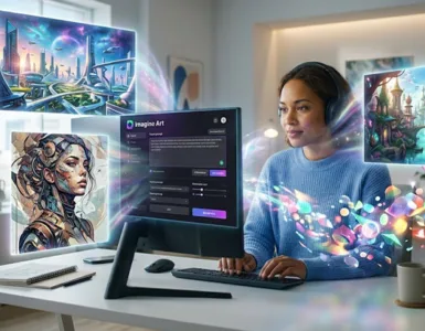 Imagine Art : image ou photo d'une personne devant un ordinateur, avec une interface d’intelligence artificielle ouverte. De l’écran sortent plusieurs images créatives : un paysage futuriste, un portrait artistique, une ville imaginaire et des formes colorées.