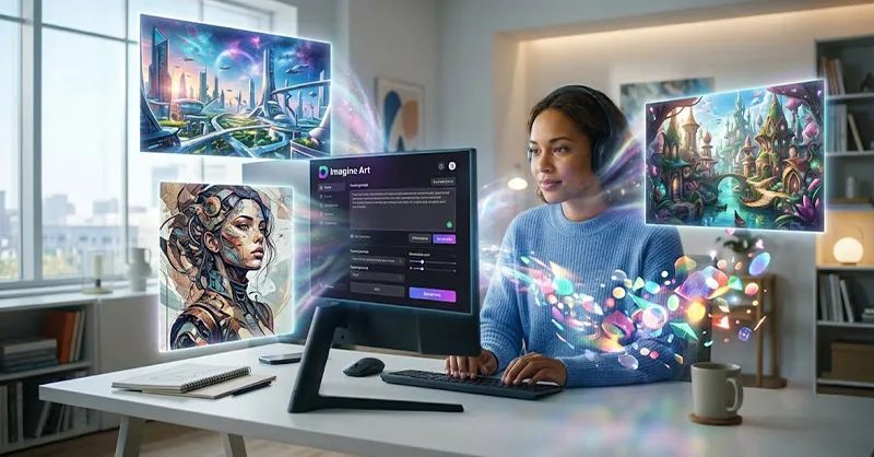 Imagine Art : image ou photo d'une personne devant un ordinateur, avec une interface d’intelligence artificielle ouverte. De l’écran sortent plusieurs images créatives : un paysage futuriste, un portrait artistique, une ville imaginaire et des formes colorées.