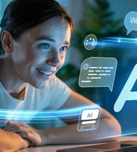 Jasper AI : image ou photo d'une personne débutante assise devant son ordinateur portable, avec une expression de découverte et de satisfaction. Sur l'écran, une interface d'intelligence artificielle affiche du texte en cours de génération.