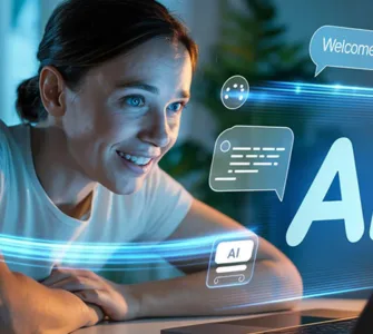 Jasper AI : image ou photo d'une personne débutante assise devant son ordinateur portable, avec une expression de découverte et de satisfaction. Sur l'écran, une interface d'intelligence artificielle affiche du texte en cours de génération.