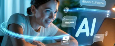 Jasper AI : image ou photo d'une personne débutante assise devant son ordinateur portable, avec une expression de découverte et de satisfaction. Sur l'écran, une interface d'intelligence artificielle affiche du texte en cours de génération.