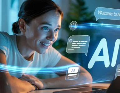 Jasper AI : image ou photo d'une personne débutante assise devant son ordinateur portable, avec une expression de découverte et de satisfaction. Sur l'écran, une interface d'intelligence artificielle affiche du texte en cours de génération.