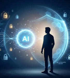 Lumo AI : image ou photo d'un fond sombre bleu nuit avec une lumière douce au centre, représentant une silhouette humaine face à un assistant ia lumineux. Autour, de petits cadenas, des lignes numériques et un effet de protection pour montrer la confidentialité. L’ambiance doit être moderne, rassurante et mystérieuse.