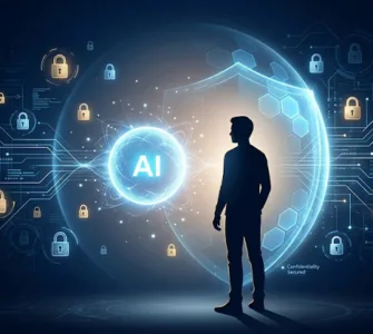 Lumo AI : image ou photo d'un fond sombre bleu nuit avec une lumière douce au centre, représentant une silhouette humaine face à un assistant ia lumineux. Autour, de petits cadenas, des lignes numériques et un effet de protection pour montrer la confidentialité. L’ambiance doit être moderne, rassurante et mystérieuse.