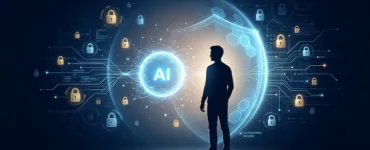 Lumo AI : image ou photo d'un fond sombre bleu nuit avec une lumière douce au centre, représentant une silhouette humaine face à un assistant ia lumineux. Autour, de petits cadenas, des lignes numériques et un effet de protection pour montrer la confidentialité. L’ambiance doit être moderne, rassurante et mystérieuse.