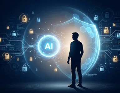 Lumo AI : image ou photo d'un fond sombre bleu nuit avec une lumière douce au centre, représentant une silhouette humaine face à un assistant ia lumineux. Autour, de petits cadenas, des lignes numériques et un effet de protection pour montrer la confidentialité. L’ambiance doit être moderne, rassurante et mystérieuse.