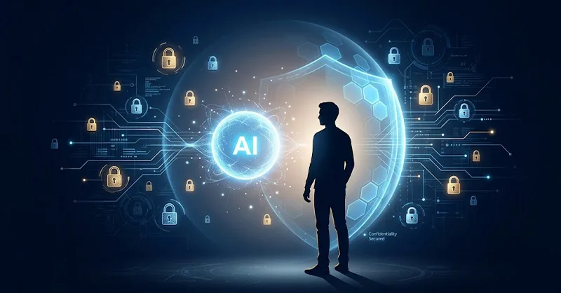 Lumo AI : image ou photo d'un fond sombre bleu nuit avec une lumière douce au centre, représentant une silhouette humaine face à un assistant ia lumineux. Autour, de petits cadenas, des lignes numériques et un effet de protection pour montrer la confidentialité. L’ambiance doit être moderne, rassurante et mystérieuse.