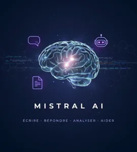 Mistral ai : image ou photo d'un fond moderne bleu nuit avec une lumière blanche et violette au centre, représentant une intelligence artificielle sous forme de cerveau numérique. Autour, quelques lignes de code, des icônes de discussion, de document et de robot pour montrer que mistral ai sert à écrire, répondre, analyser et aider au quotidien.
