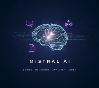 Mistral ai : image ou photo d'un fond moderne bleu nuit avec une lumière blanche et violette au centre, représentant une intelligence artificielle sous forme de cerveau numérique. Autour, quelques lignes de code, des icônes de discussion, de document et de robot pour montrer que mistral ai sert à écrire, répondre, analyser et aider au quotidien.