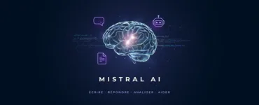 Mistral ai : image ou photo d'un fond moderne bleu nuit avec une lumière blanche et violette au centre, représentant une intelligence artificielle sous forme de cerveau numérique. Autour, quelques lignes de code, des icônes de discussion, de document et de robot pour montrer que mistral ai sert à écrire, répondre, analyser et aider au quotidien.