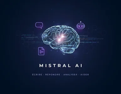 Mistral ai : image ou photo d'un fond moderne bleu nuit avec une lumière blanche et violette au centre, représentant une intelligence artificielle sous forme de cerveau numérique. Autour, quelques lignes de code, des icônes de discussion, de document et de robot pour montrer que mistral ai sert à écrire, répondre, analyser et aider au quotidien.