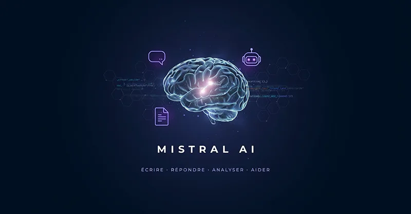Mistral ai : image ou photo d'un fond moderne bleu nuit avec une lumière blanche et violette au centre, représentant une intelligence artificielle sous forme de cerveau numérique. Autour, quelques lignes de code, des icônes de discussion, de document et de robot pour montrer que mistral ai sert à écrire, répondre, analyser et aider au quotidien.