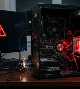 Mon disque dur : image ou photo représentant d'un pc de bureau ouvert, avec un disque dur légèrement lumineux en rouge, comme s’il provoquait une panne électrique. L’écran du pc est noir avec un symbole d’alerte, et quelques petites étincelles près du câble d’alimentation.