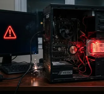 Mon disque dur : image ou photo représentant d'un pc de bureau ouvert, avec un disque dur légèrement lumineux en rouge, comme s’il provoquait une panne électrique. L’écran du pc est noir avec un symbole d’alerte, et quelques petites étincelles près du câble d’alimentation.