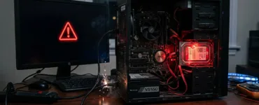 Mon disque dur : image ou photo représentant d'un pc de bureau ouvert, avec un disque dur légèrement lumineux en rouge, comme s’il provoquait une panne électrique. L’écran du pc est noir avec un symbole d’alerte, et quelques petites étincelles près du câble d’alimentation.
