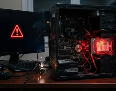 Mon disque dur : image ou photo représentant d'un pc de bureau ouvert, avec un disque dur légèrement lumineux en rouge, comme s’il provoquait une panne électrique. L’écran du pc est noir avec un symbole d’alerte, et quelques petites étincelles près du câble d’alimentation.