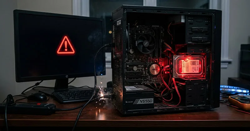 Mon disque dur : image ou photo représentant d'un pc de bureau ouvert, avec un disque dur légèrement lumineux en rouge, comme s’il provoquait une panne électrique. L’écran du pc est noir avec un symbole d’alerte, et quelques petites étincelles près du câble d’alimentation.