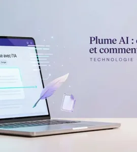 Plume AI : image ou photo montrant un bureau minimaliste et élégant avec un ordinateur portable ouvert au centre, affichant une interface d’intelligence artificielle claire et lumineuse.