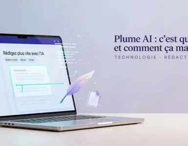 Plume AI : image ou photo montrant un bureau minimaliste et élégant avec un ordinateur portable ouvert au centre, affichant une interface d’intelligence artificielle claire et lumineuse.