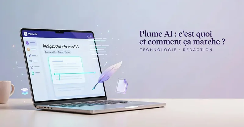 Plume AI : image ou photo montrant un bureau minimaliste et élégant avec un ordinateur portable ouvert au centre, affichant une interface d’intelligence artificielle claire et lumineuse.