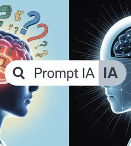 Prompt IA : image ou photo coupée en deux : À gauche : un cerveau humain lumineux avec plusieurs idées qui partent dans tous les sens (mots, icônes, flèches, points d'interrogation). Au centre : une barre de saisie intitulée "Prompt IA". À droite : une intelligence artificielle futuriste qui transforme ces idées en un document parfaitement structuré.