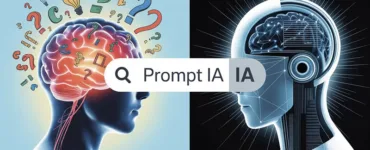 Prompt IA : image ou photo coupée en deux : À gauche : un cerveau humain lumineux avec plusieurs idées qui partent dans tous les sens (mots, icônes, flèches, points d'interrogation). Au centre : une barre de saisie intitulée "Prompt IA". À droite : une intelligence artificielle futuriste qui transforme ces idées en un document parfaitement structuré.