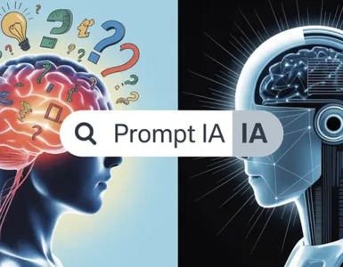 Prompt IA : image ou photo coupée en deux : À gauche : un cerveau humain lumineux avec plusieurs idées qui partent dans tous les sens (mots, icônes, flèches, points d'interrogation). Au centre : une barre de saisie intitulée "Prompt IA". À droite : une intelligence artificielle futuriste qui transforme ces idées en un document parfaitement structuré.