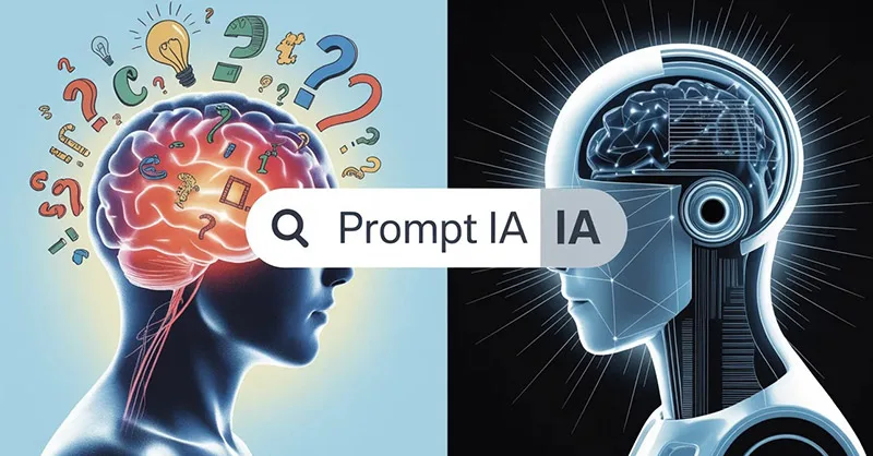 Prompt IA : image ou photo coupée en deux : À gauche : un cerveau humain lumineux avec plusieurs idées qui partent dans tous les sens (mots, icônes, flèches, points d'interrogation). Au centre : une barre de saisie intitulée "Prompt IA". À droite : une intelligence artificielle futuriste qui transforme ces idées en un document parfaitement structuré.