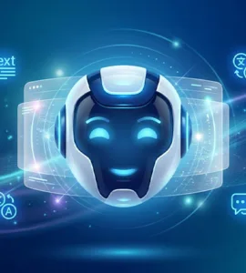 Qwen AI : image ou photo d'un fond moderne bleu nuit avec un effet lumineux futuriste. Au centre, un visage robotique doux ou une silhouette humaine face à une interface d’intelligence artificielle. Autour, quelques icônes discrètes : texte, code, traduction, résumé, chatbot.