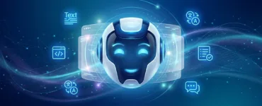 Qwen AI : image ou photo d'un fond moderne bleu nuit avec un effet lumineux futuriste. Au centre, un visage robotique doux ou une silhouette humaine face à une interface d’intelligence artificielle. Autour, quelques icônes discrètes : texte, code, traduction, résumé, chatbot.