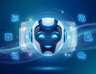 Qwen AI : image ou photo d'un fond moderne bleu nuit avec un effet lumineux futuriste. Au centre, un visage robotique doux ou une silhouette humaine face à une interface d’intelligence artificielle. Autour, quelques icônes discrètes : texte, code, traduction, résumé, chatbot.