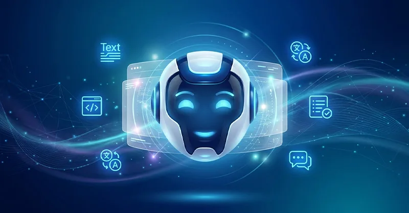 Qwen AI : image ou photo d'un fond moderne bleu nuit avec un effet lumineux futuriste. Au centre, un visage robotique doux ou une silhouette humaine face à une interface d’intelligence artificielle. Autour, quelques icônes discrètes : texte, code, traduction, résumé, chatbot.