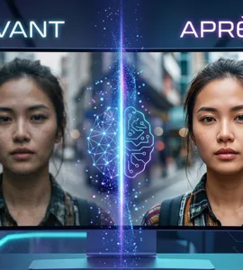 Upscale.media : image ou photo représentant d'avant / Après d’une image améliorée par l’intelligence artificielle. À gauche : une photo légèrement floue et pixelisée. À droite : la même photo transformée grâce à l’IA.