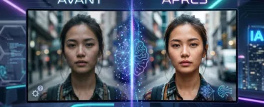 Upscale.media : image ou photo représentant d'avant / Après d’une image améliorée par l’intelligence artificielle. À gauche : une photo légèrement floue et pixelisée. À droite : la même photo transformée grâce à l’IA.