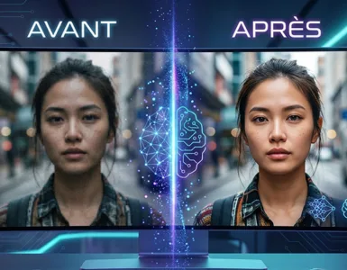 Upscale.media : image ou photo représentant d'avant / Après d’une image améliorée par l’intelligence artificielle. À gauche : une photo légèrement floue et pixelisée. À droite : la même photo transformée grâce à l’IA.