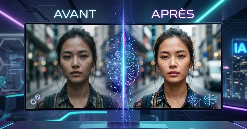 Upscale.media : image ou photo représentant d'avant / Après d’une image améliorée par l’intelligence artificielle. À gauche : une photo légèrement floue et pixelisée. À droite : la même photo transformée grâce à l’IA.