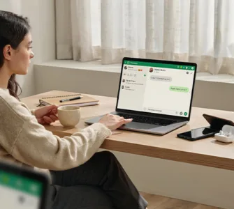 WhatsApp : image ou photo d'un utilisateur assis devant un ordinateur portable affichant l’interface de WhatsApp, avec un smartphone posé à côté mais éteint.