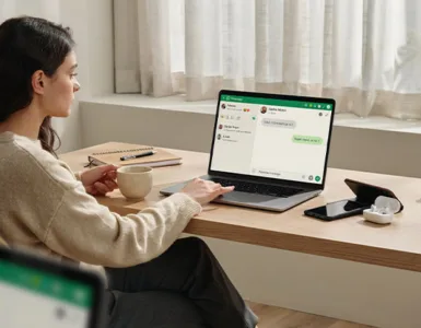 WhatsApp : image ou photo d'un utilisateur assis devant un ordinateur portable affichant l’interface de WhatsApp, avec un smartphone posé à côté mais éteint.