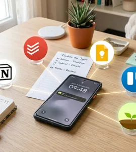 Applications gratuites indispensables : image ou photo représentant d'un smartphone posé sur un bureau, avec autour lui des icônes représentant les 5 apps (Notion, Todoist, Google Keep, Trello, Forest), et des éléments qui évoquent organisation et concentration : calendrier, checklist, petite plante, post‑its.