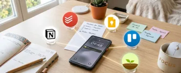 Applications gratuites indispensables : image ou photo représentant d'un smartphone posé sur un bureau, avec autour lui des icônes représentant les 5 apps (Notion, Todoist, Google Keep, Trello, Forest), et des éléments qui évoquent organisation et concentration : calendrier, checklist, petite plante, post‑its.